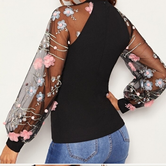🌞Unique October Love Sheer Flower Sleeves Spring Top Sexy - Picture 4 of 9